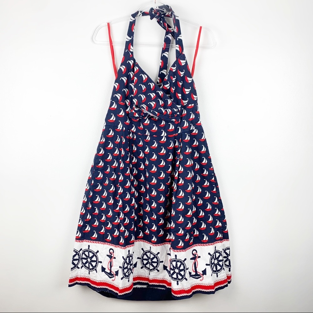 Anthropologie Nautical Sailboat Halter Dress in Navy, Red, White